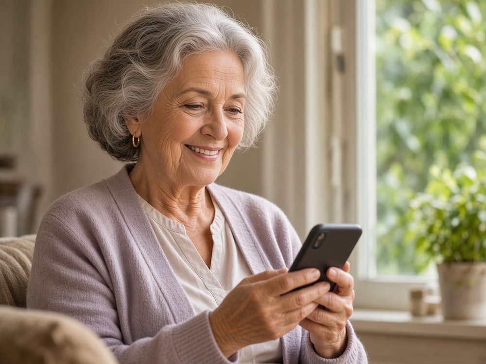 A gray-haired older woman smiles as she confidently uses her smartphone by a sunny window.
