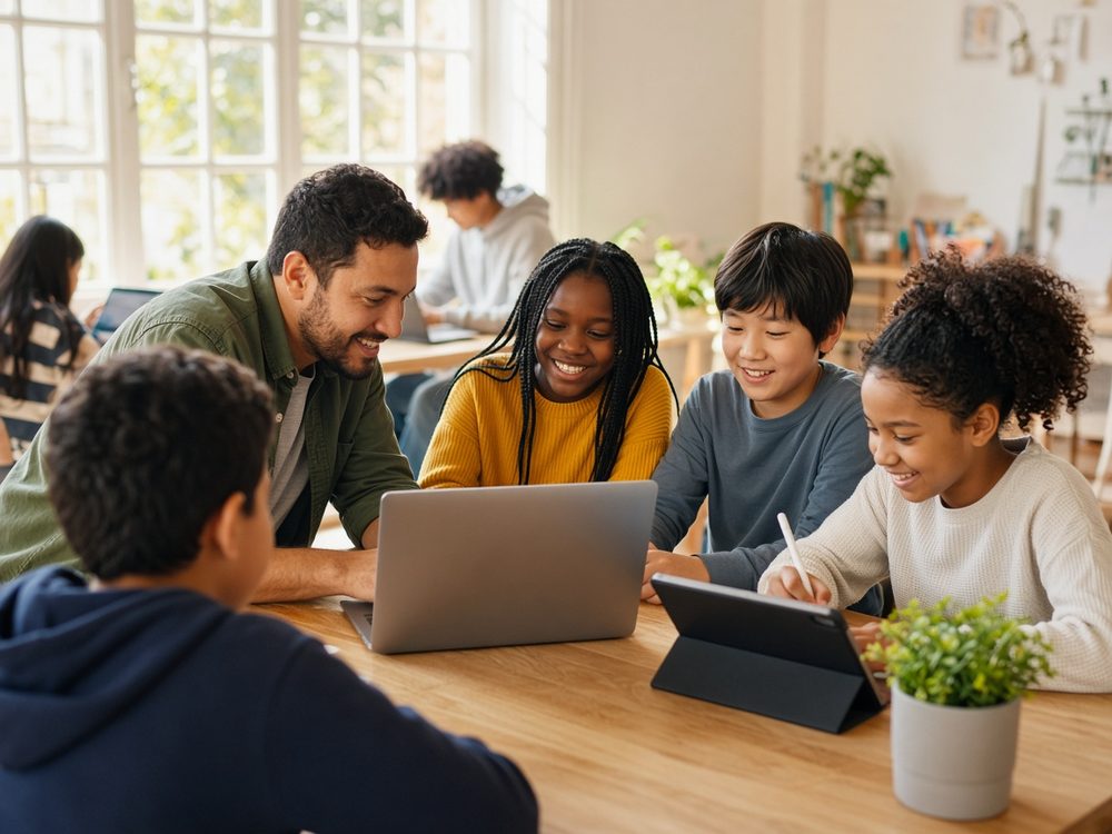Smiling children and teens learn together on laptops and a tablet while a friendly instructor helps.