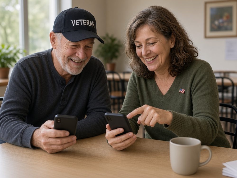 An older man in a black cap that reads VETERAN and a smiling woman wearing a small American flag pin look at their smartphones together at a table.